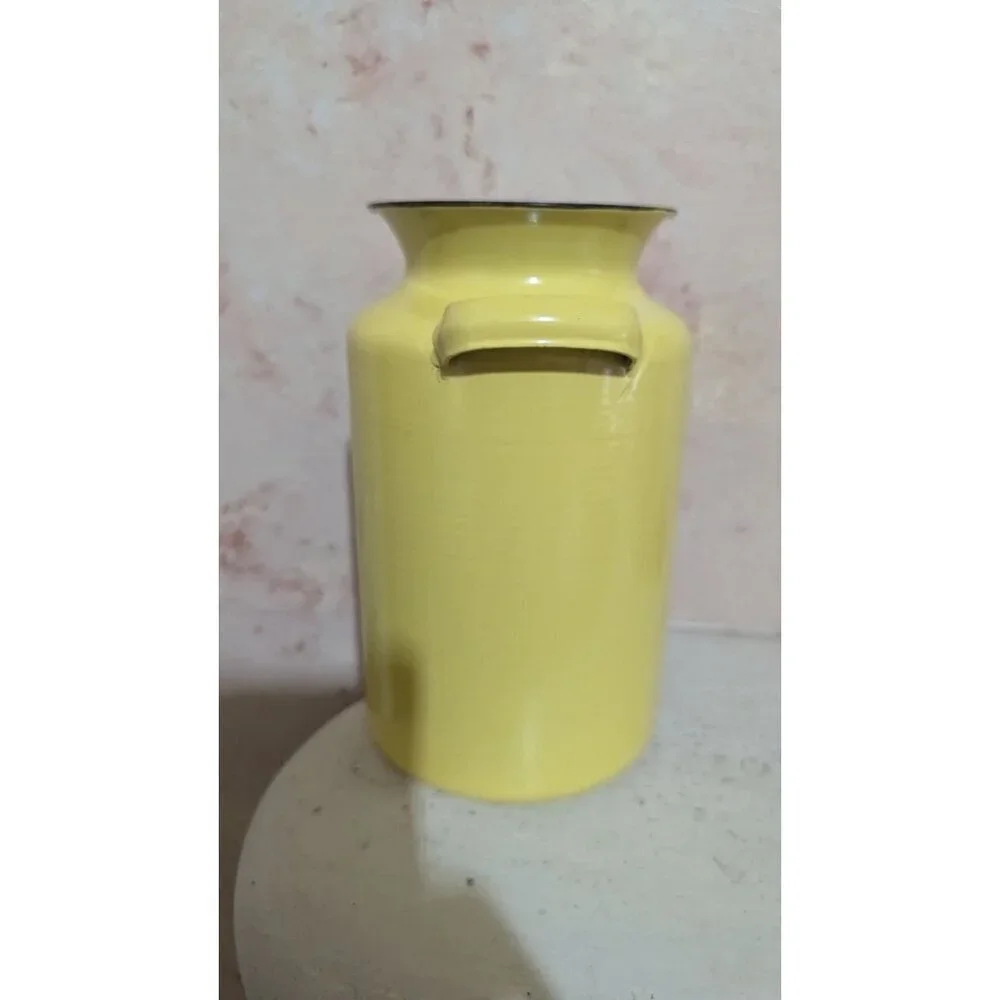 Yellow Enamel Milk Can Vase Farmhouse Rustic Decorative Pitcher with Handles 8in